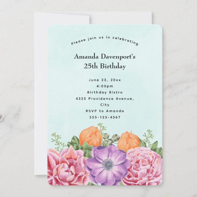 Invitación Ramo Elegante de Flores de Acuarela Cumpleaños (Anverso)
