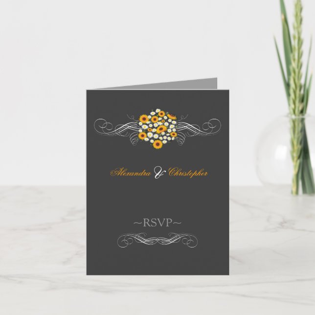 Invitación Ramo elegante de girasoles y margaritas RSVP (Anverso)