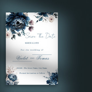 Invitación Ramo floral acuarela azul marino Save The Date 