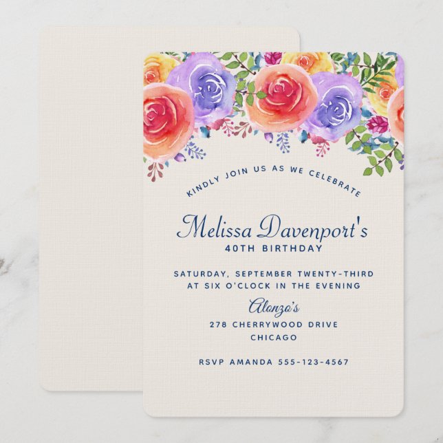 Invitación Ramo Floral Acuarela Cumpleaños Moderno (Anverso / Reverso)