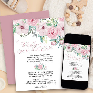 Invitación Ramo Floral Acuarela Peonía Niña Bebé Sprinkle