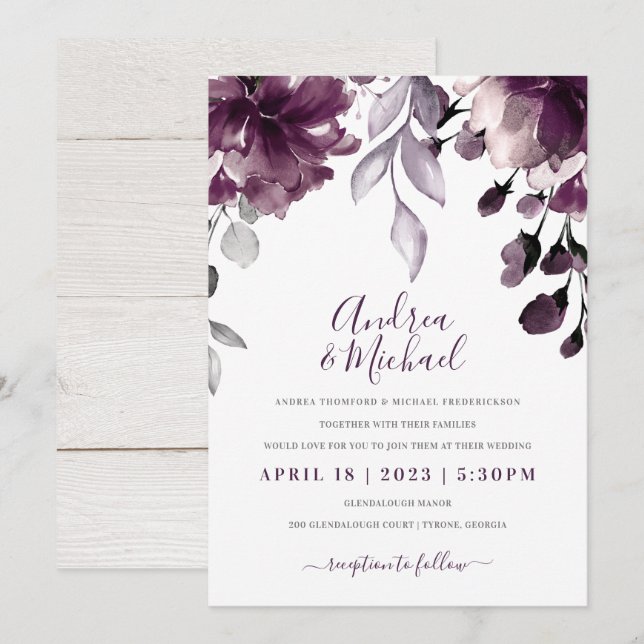 Invitación Ramo Floral Acuarela Púrpura Boda (Anverso / Reverso)