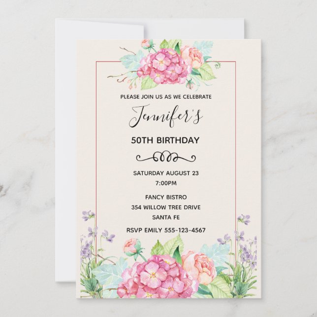 Invitación Ramo Floral Acuarela Rosa Cumpleaños Moderno (Anverso)