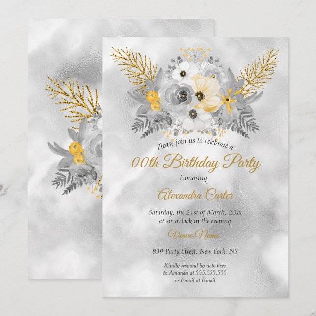 Invitación Ramo Floral Amarillo Dorado Gris Cumpleaños Fiesta (Anverso / Reverso)