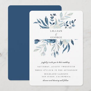 Invitación Ramo Floral Azul Elegante Boda