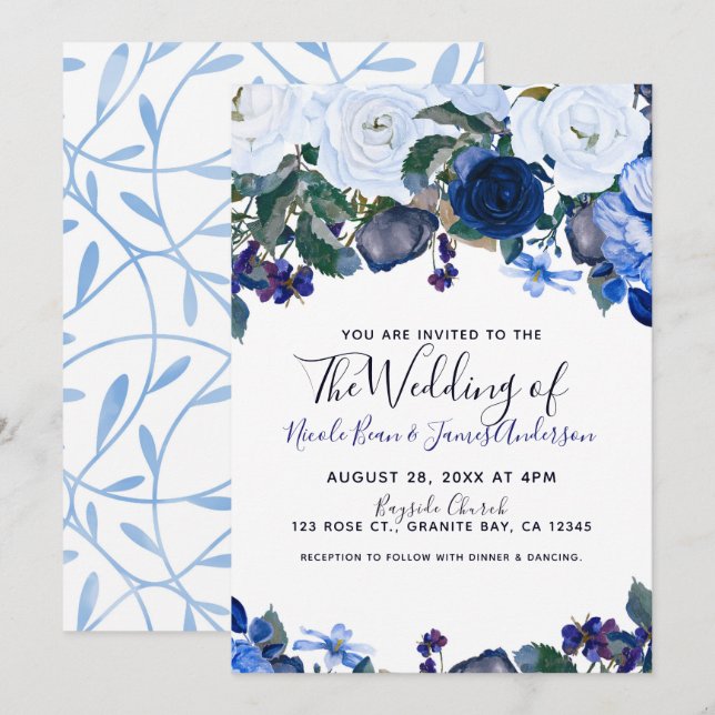 Invitación Ramo Floral Blanco y Azul de Invierno Boda Chic (Anverso / Reverso)