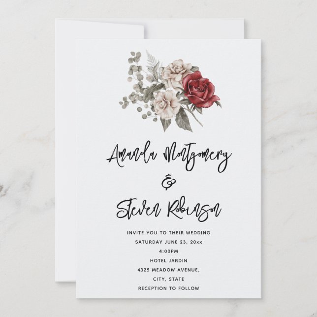 Invitación Ramo floral boho de rosa roja y crema para boda (Anverso)
