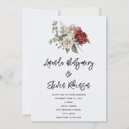 Invitación Ramo floral boho de rosa roja y crema para boda