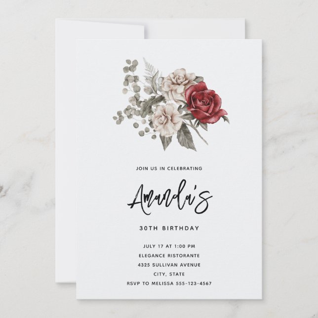 Invitación Ramo floral boho de rosa roja y crema para cumplea (Anverso)