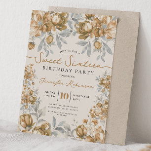 Invitación Ramo Floral Cumpleaños Sweet 16 Champagne Dorado 