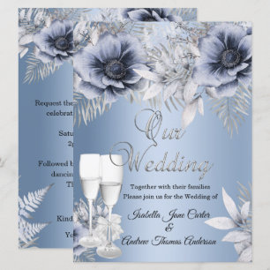 Invitación Ramo Floral de Boda Azul Plateado Champagne