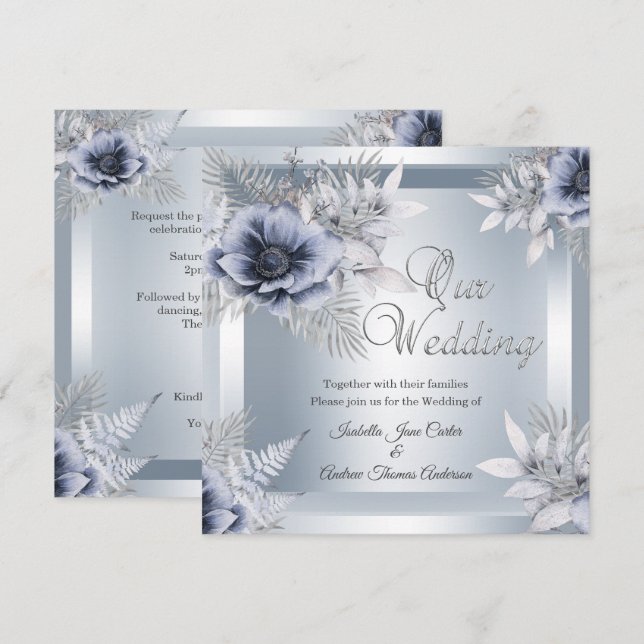 Invitación Ramo Floral de Boda de Otoño Plateado Azul (Anverso / Reverso)