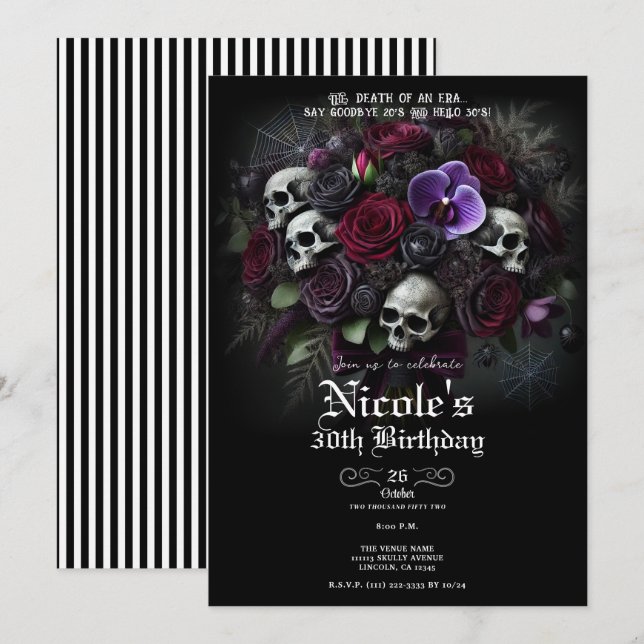 Invitación Ramo Floral de Cráneo Gótico Cumpleaños de Hallowe (Anverso / Reverso)