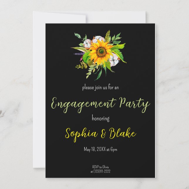 Invitación Ramo Floral de Girasoles Fiesta de Compromiso Negr (Anverso)