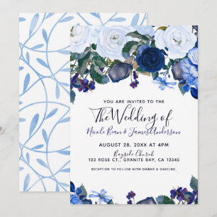 Invitación Ramo Floral de Invierno Blanco y Azul Chic Boda