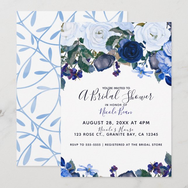Invitación Ramo floral de invierno blanco y azul para ducha d (Anverso / Reverso)