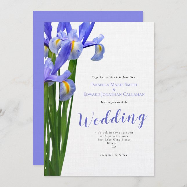Invitación Ramo Floral de Iris Azules Modernos para Boda  (Anverso / Reverso)
