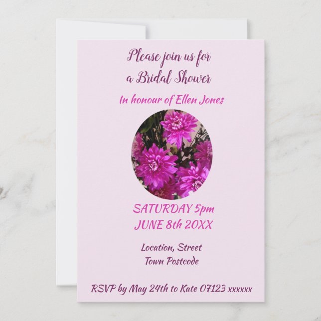 Invitación Ramo Floral de Novia con Flores Rosadas (Anverso)
