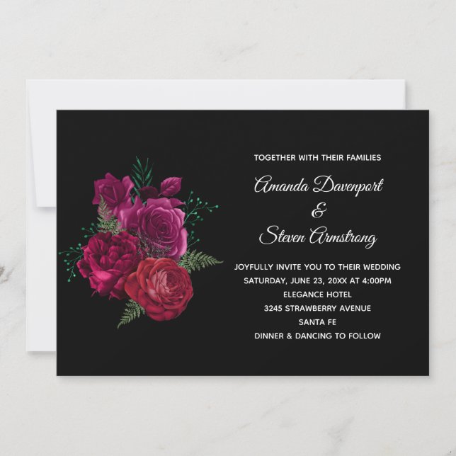 Invitación Ramo Floral de Rosa Magenta Elegante para Boda (Anverso)