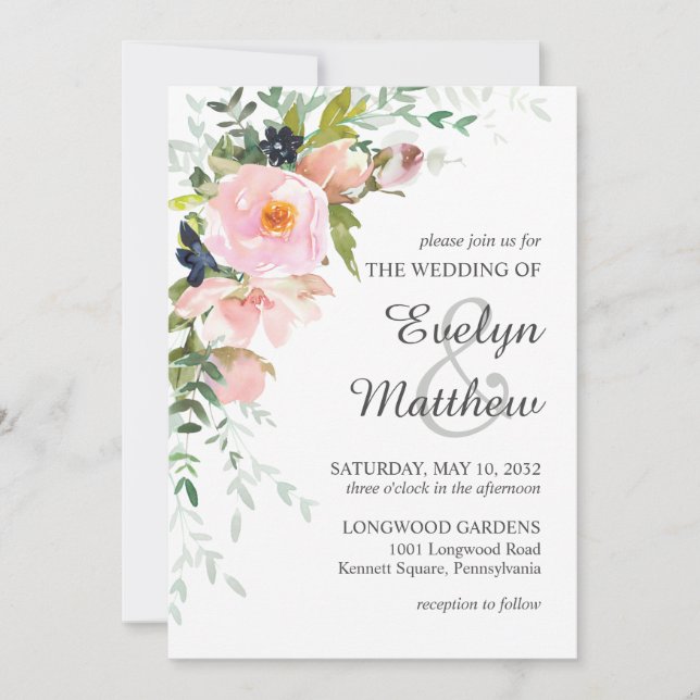 Invitación Ramo Floral de Rosa Rosa Rubor sobre Boda Blanca (Anverso)