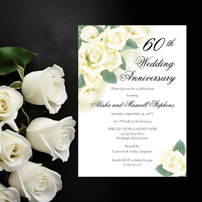 Invitación Ramo Floral de Rosas Aniversario de Bodas 60º Part (Elegant Rose Floral Bouquet 60th Wedding Anniversary Party Invitation)