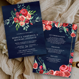 Invitación Ramo Floral de Rosas Rojas Todo en Uno Boda Navy