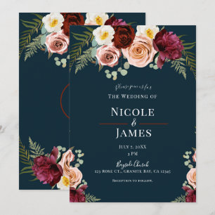 Invitación Ramo Floral de Verde Azul Marinho Boda