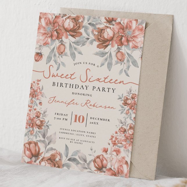 Invitación Ramo Floral Dulces 16 Cumpleaños Rosa Oro (Floral Bouquet Sweet 16 Birthday Rose Gold Invitation)