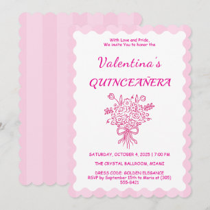 Invitación Ramo Floral Elegante de Quinceañera Rosa y Blanc