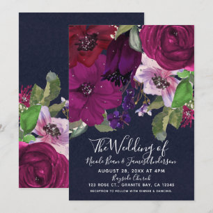 Invitación Ramo Floral Fuchsia de Frutas Negras Chic Boda Ele
