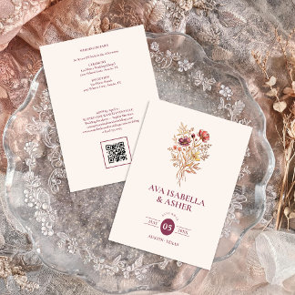 Invitación Ramo Floral Marsala Rústico Boda QR TLW26