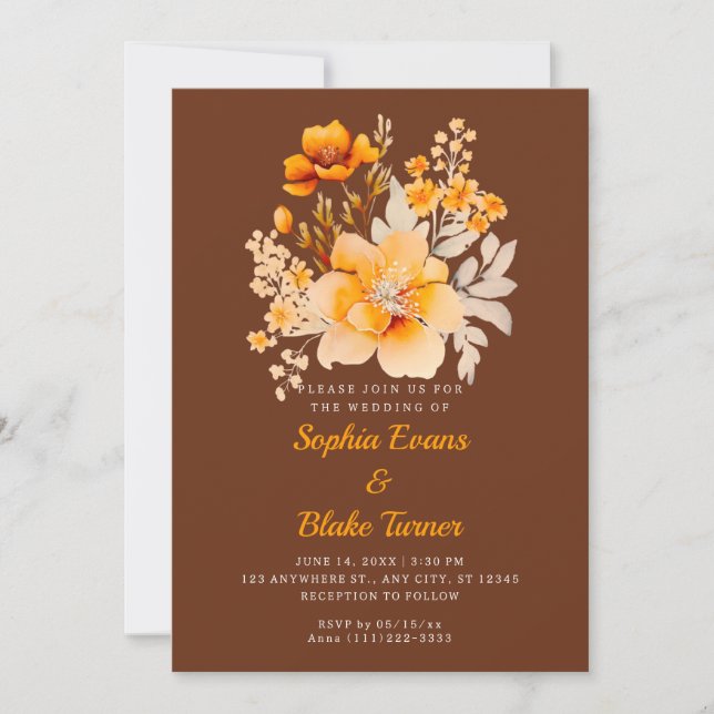 Invitación Ramo Floral Naranja Pastel Otoño Marrón Boda (Anverso)