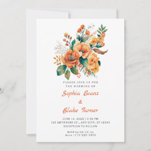 Invitación Ramo Floral Naranja y Verde Boda Blanca