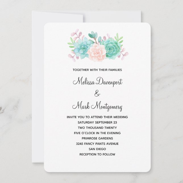 Invitación Ramo Floral Rosa Pastel y Verde Bodas (Anverso)