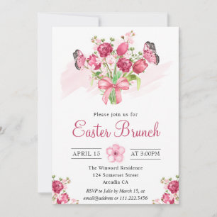 Invitación Ramo Floral Rosa y Mariposas Brunch de Pascua
