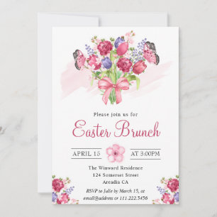Invitación Ramo Floral Rosa y Mariposas Brunch de Pascua
