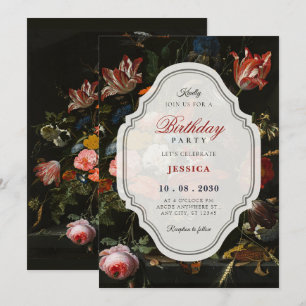 Invitación Ramo floral vintage clásico negro cumpleaños