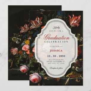 Invitación Ramo floral vintage clásico negro de graduación