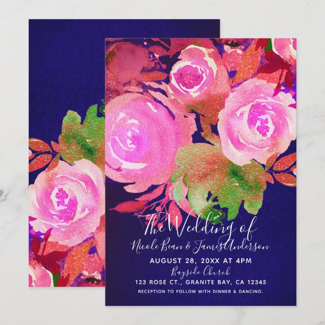 Invitación Ramo Floral Violeta Intenso Moderno de Primavera B (Anverso / Reverso)