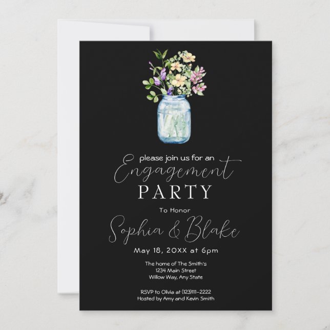Invitación Ramo Simple de Frasco de Mason Negro Fiesta de Com (Anverso)