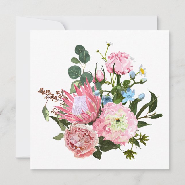 Invitación Ramo tropical con flores rosas. (Anverso)