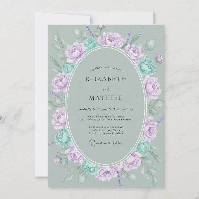 Invitación Ramo Violeta Celadón Boda Eucalipto (Anverso)