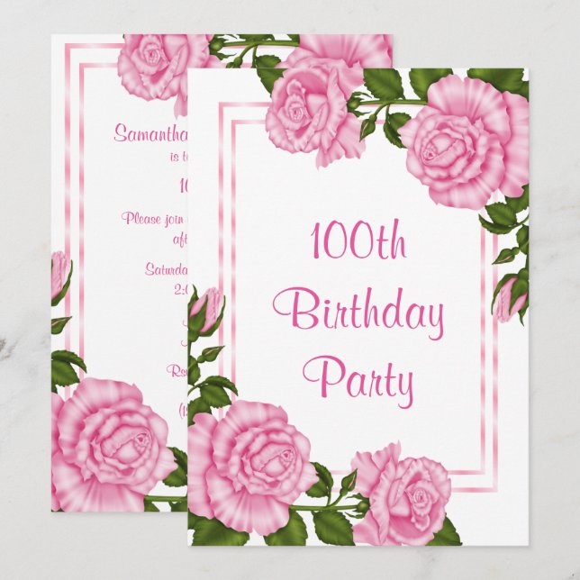 Invitación Ramos de Esquina Rosados ​​Bonitos Cumpleaños 100 (Anverso / Reverso)