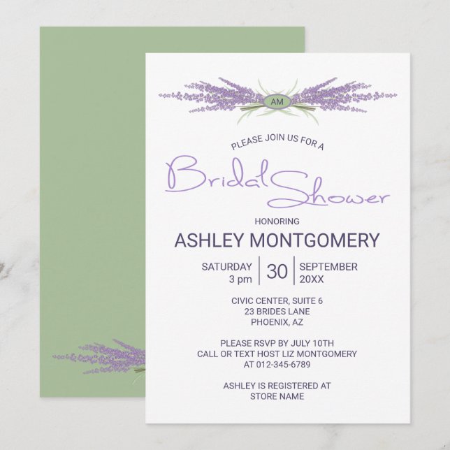 Invitación Ramos de flores de lavanda para la ducha de novia (Anverso / Reverso)