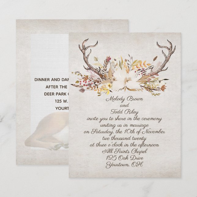 Invitación ramos de otoño y renos bodas (Anverso / Reverso)