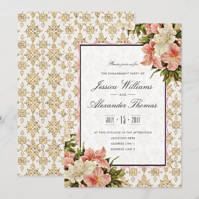 Invitación Ramos de primavera chic y compromiso con brillos d (Anverso / Reverso)