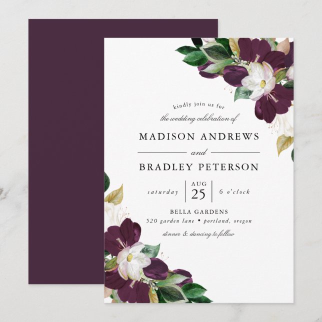 Invitación Ramos Florales de Ciruela Oscura | Boda (Anverso / Reverso)