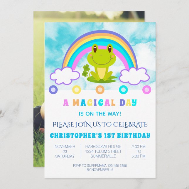 Invitación Rana 1 fiesta de cumpleaños arco iris retro (Anverso / Reverso)