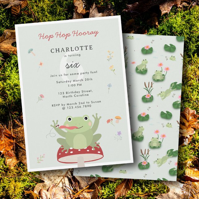 Invitación Rana Adorable Salta Salta Feliz Cumpleaños Hongo F (Cute Frog Hop Hop Hooray Mushroom Floral Birthday Invitation)