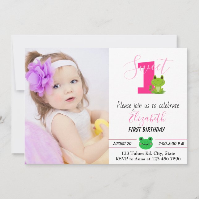 Invitación Rana chica de primer cumpleaños foto princesa (Anverso)